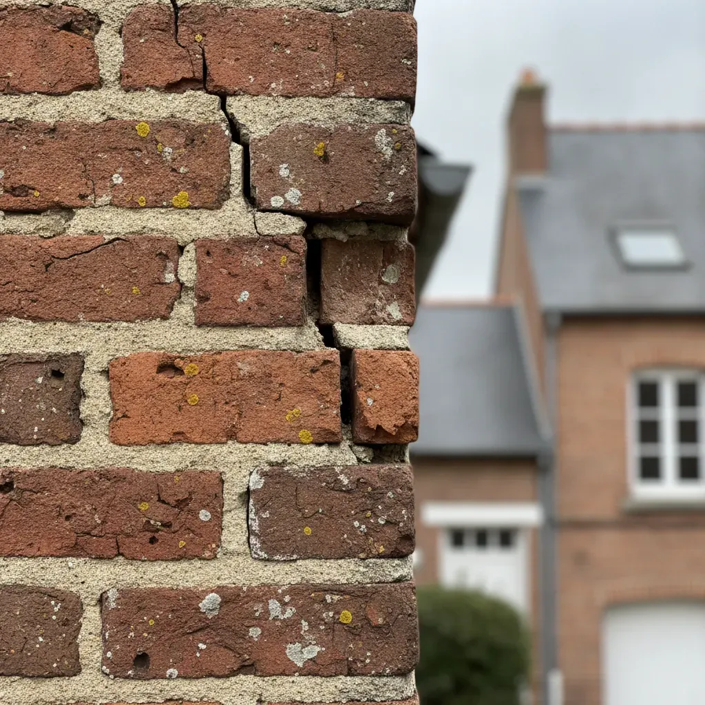 Fissure structurelle en escalier sur un mur en briques rouges