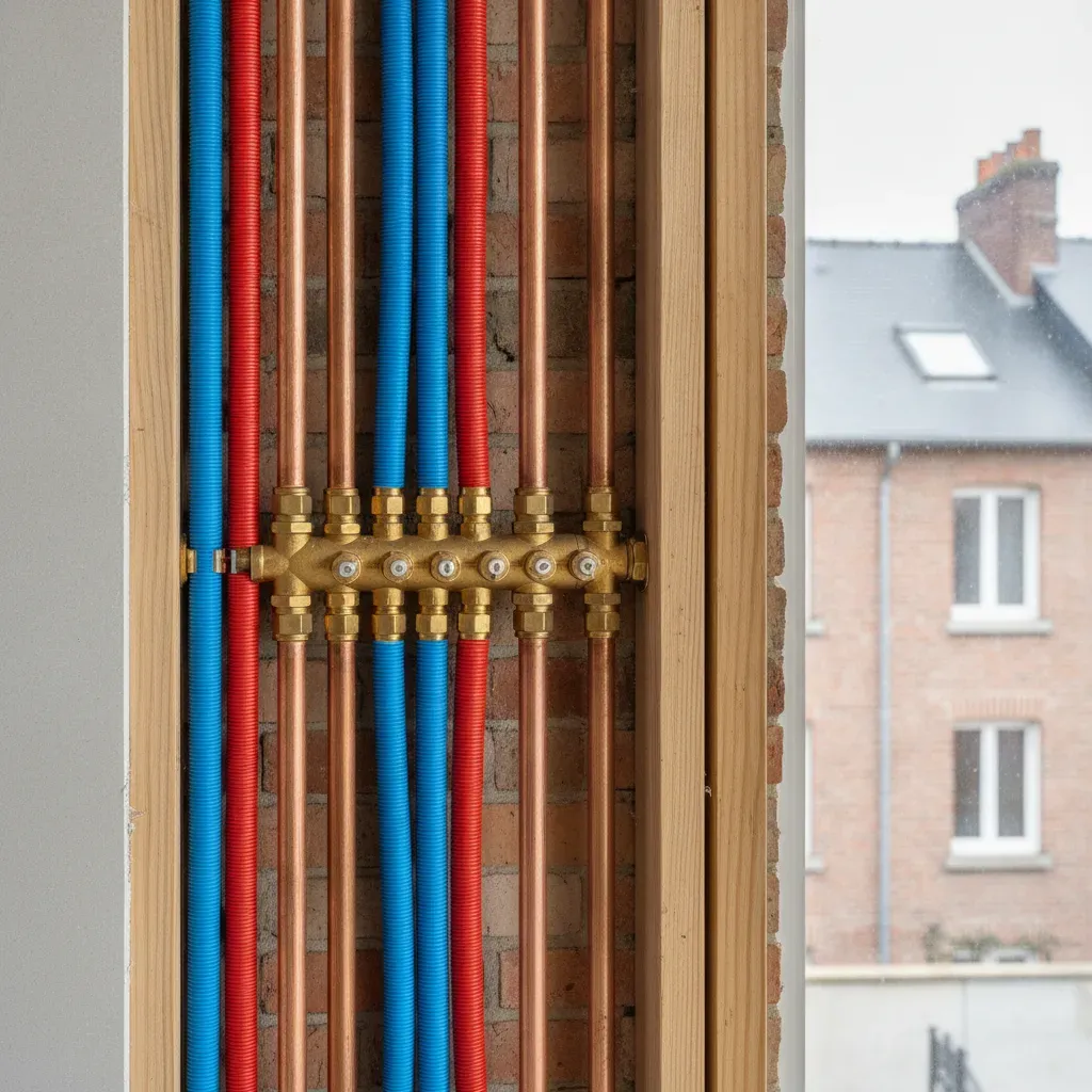 Réseau de tuyaux PER bleus et rouges et canalisations en cuivre