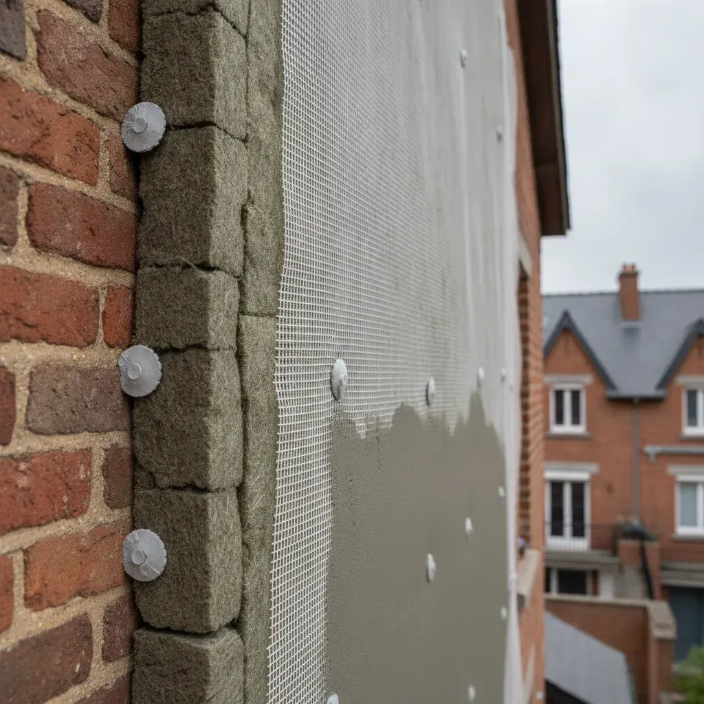 Detail technique d'une isolation thermique par l'exterieur en laine de roche sur un mur en brique.
