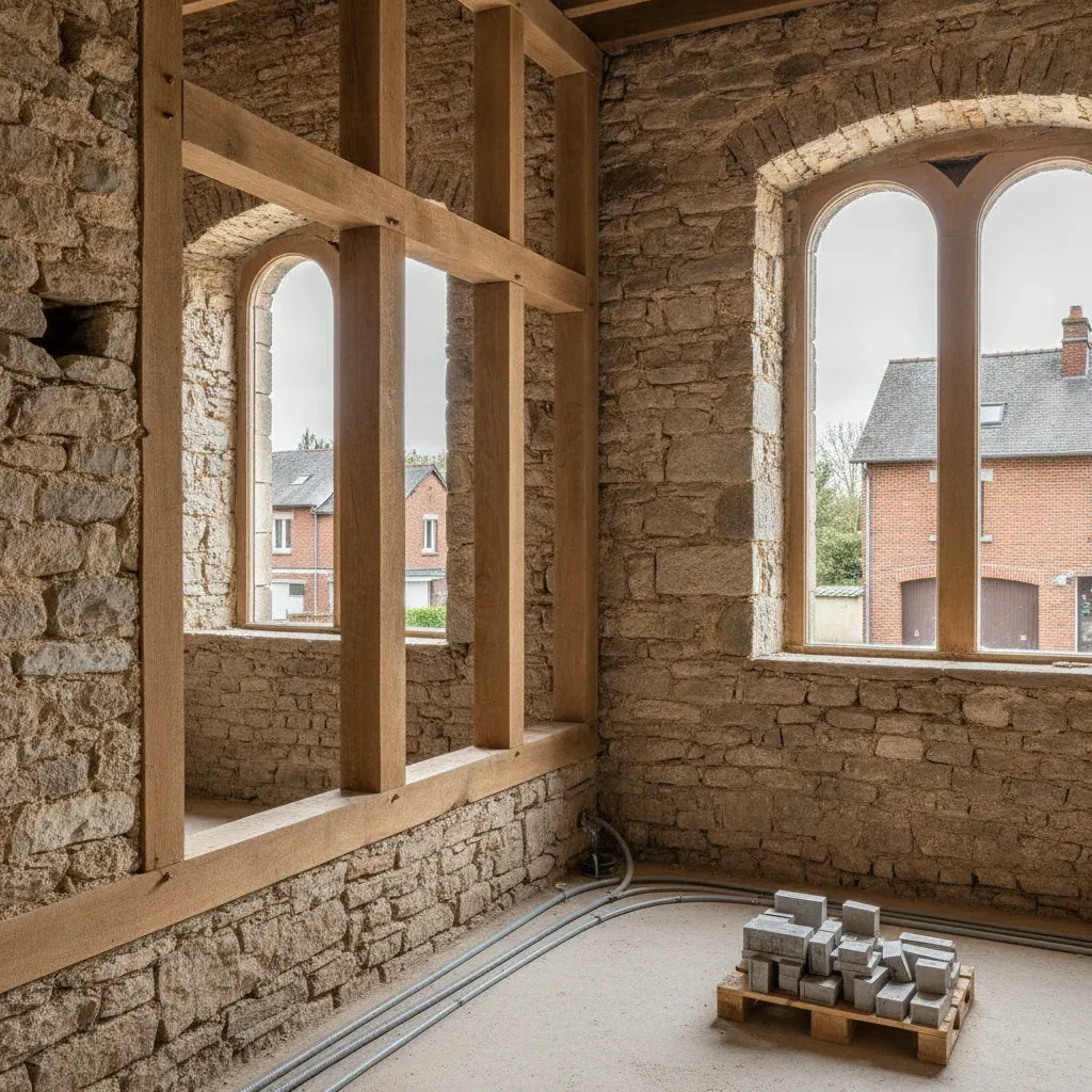 Interieur d'une ferme en pierre en cours de renovation avec charpente apparente.