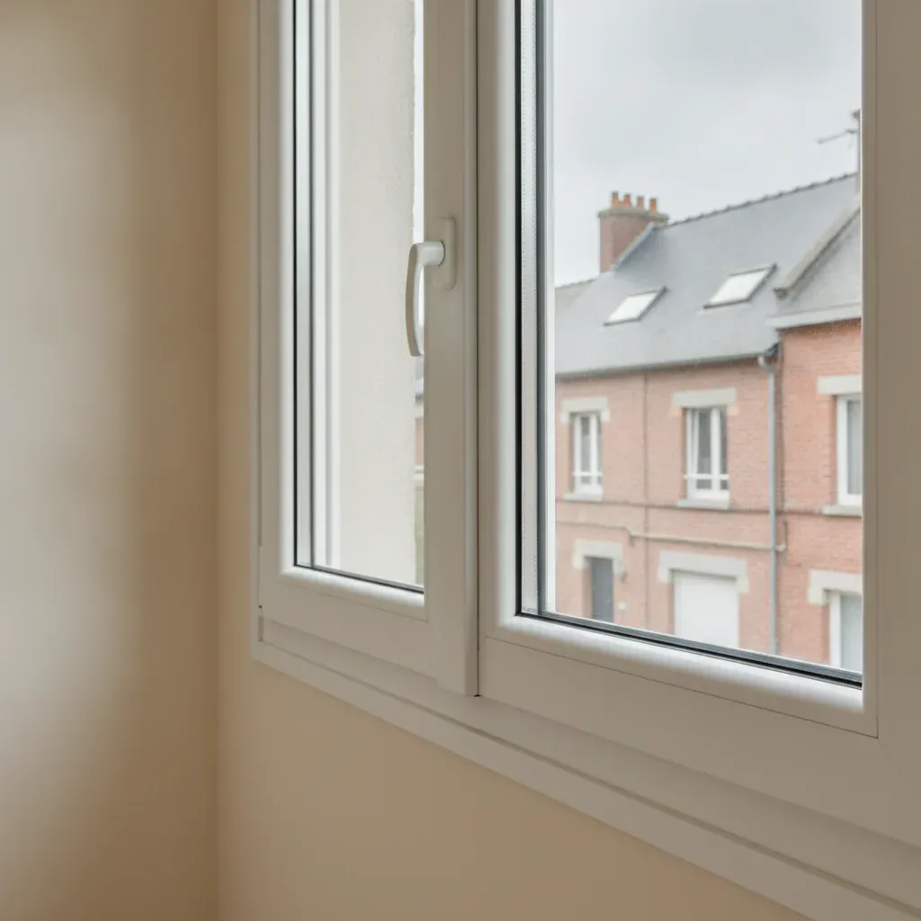 Détail du cadre d'une fenêtre en PVC blanc avec double vitrage