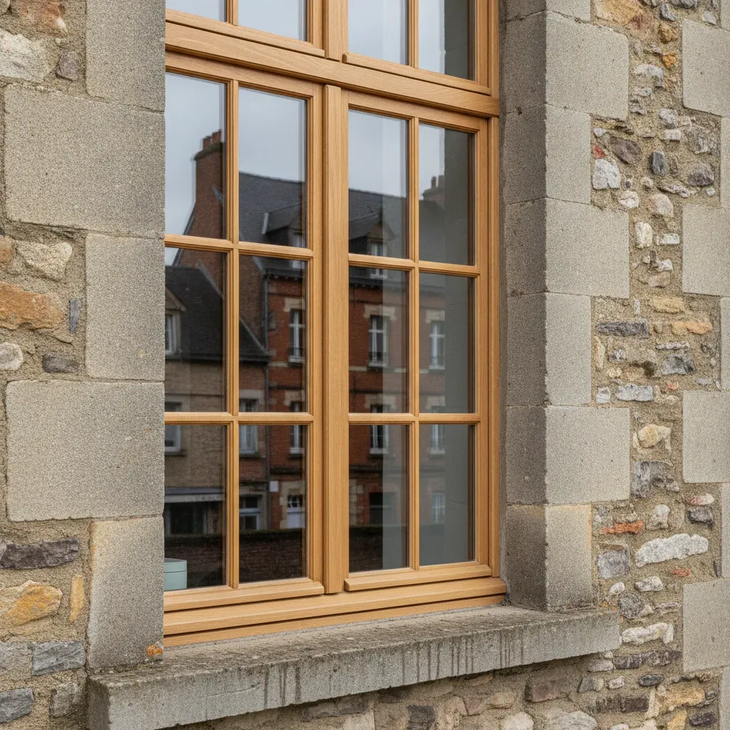 Fenêtre en chêne traditionnel sur une façade en pierre ancienne