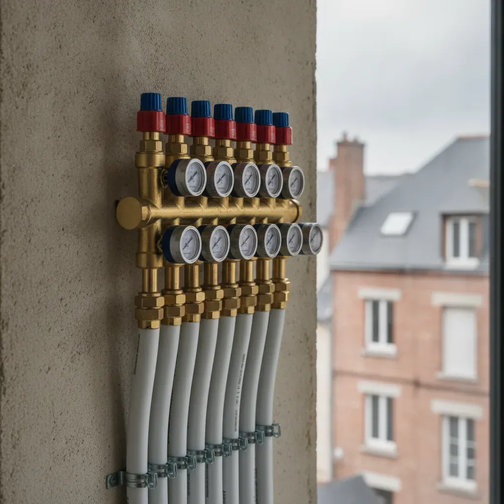 Collecteur de distribution en laiton pour plancher chauffant hydraulique.