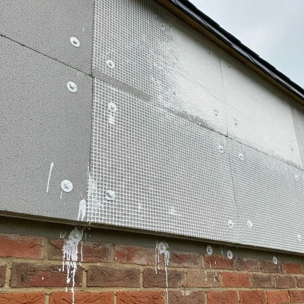 Zoom sur des plaques d'isolation extérieure fixées sur un mur en brique.