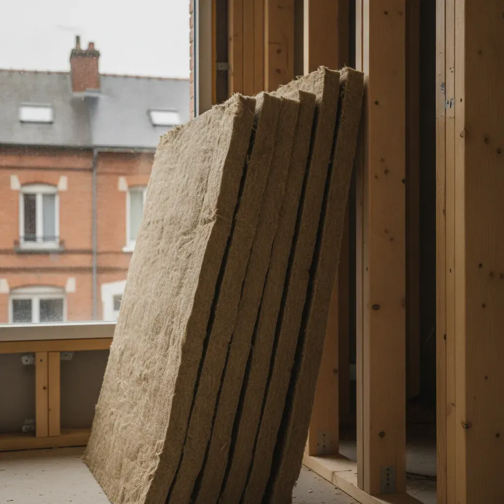 Panneaux isolants en fibre de bois empilés sur un chantier de rénovation.