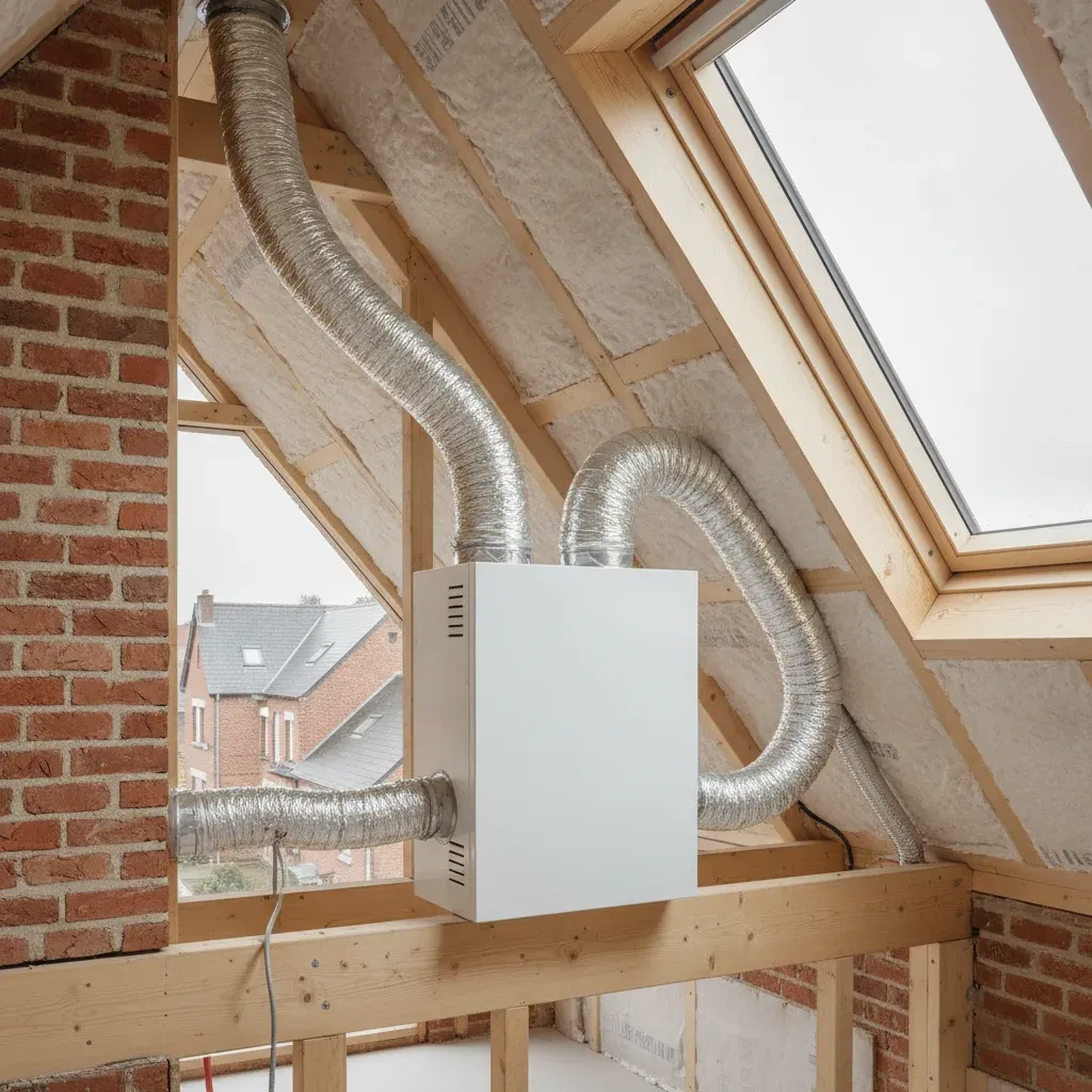 Centrale de ventilation double flux installée dans des combles isolés.