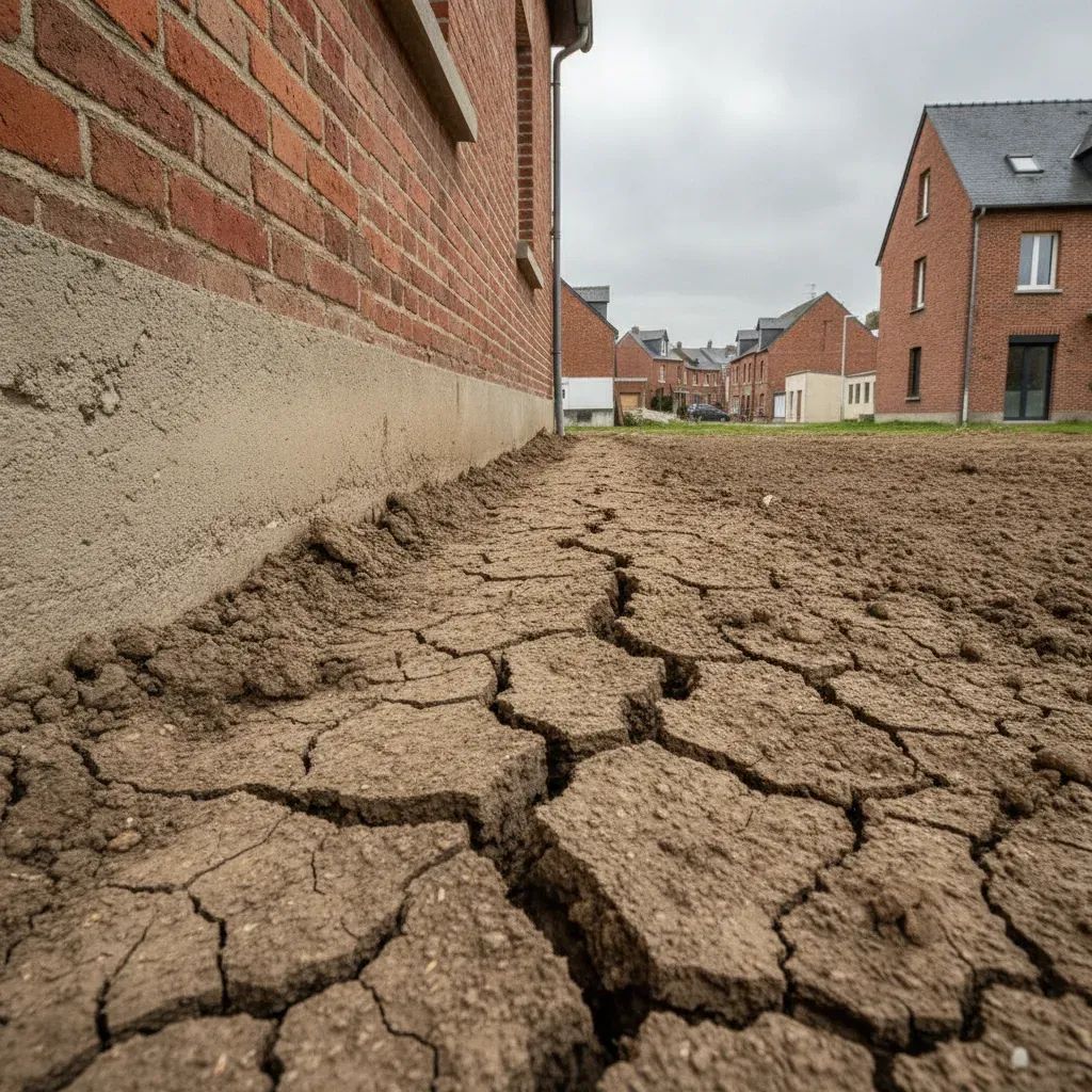 Crevasses de sécheresse dans un sol argileux au pied d'un mur de fondation