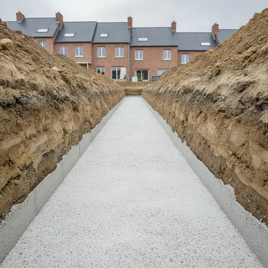 Ferraillage en acier installé dans une tranchée de fondation profonde