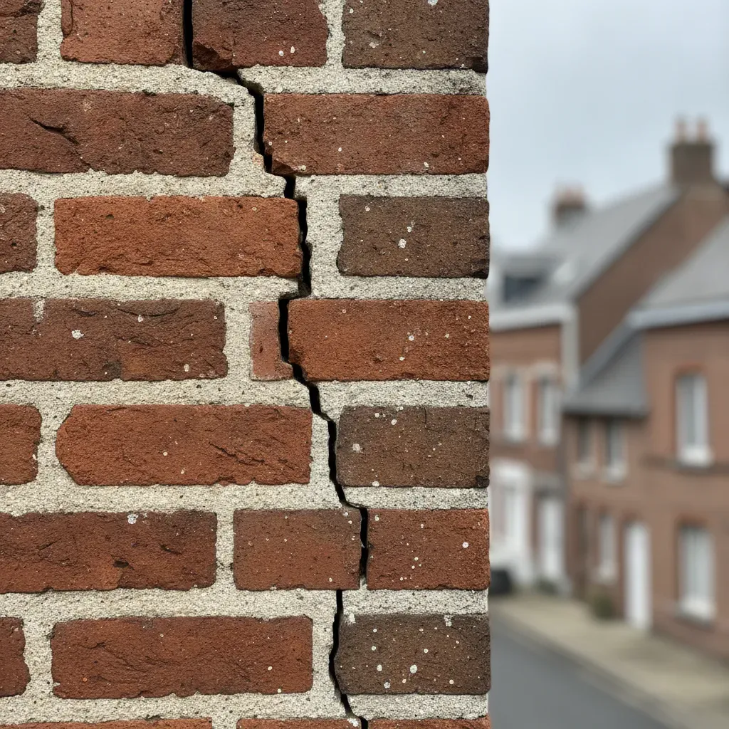 Diagonal staircase crack running through the mortar joints of a red brick wall.
