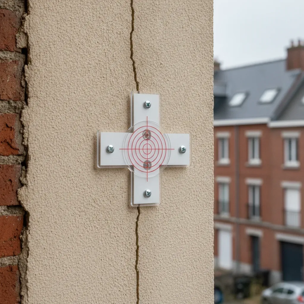 Mechanical Saugnac gauge mounted over a crack on a plastered wall for monitoring.