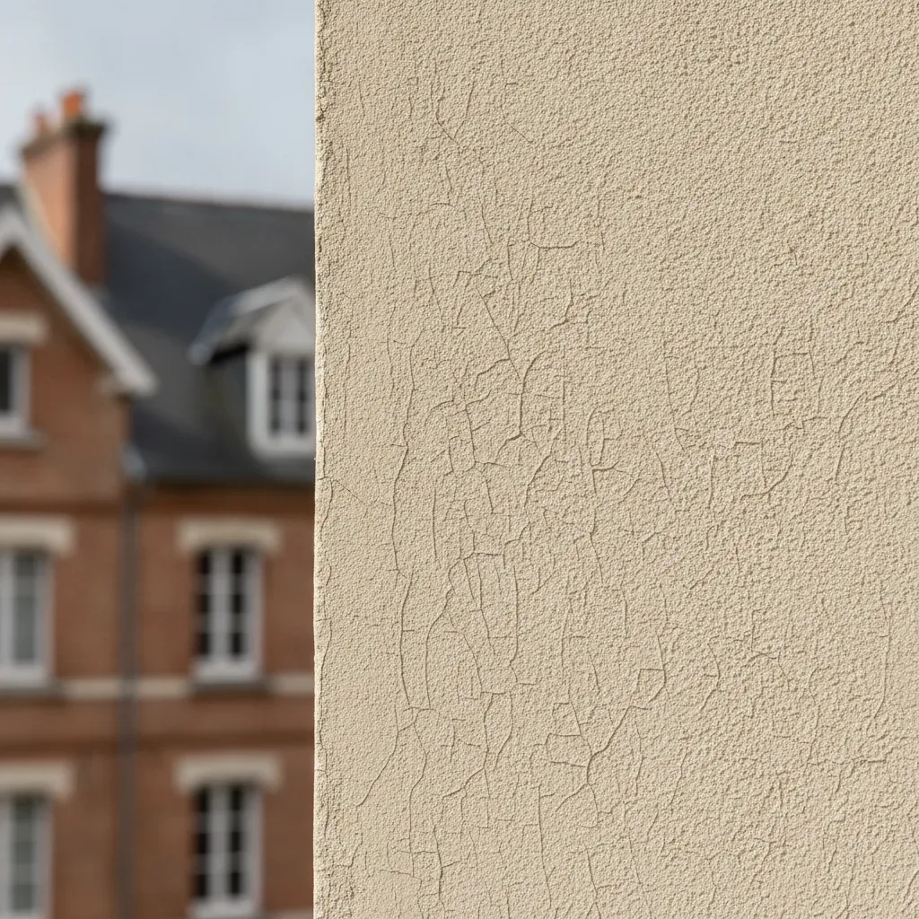 Gros plan sur un réseau de microfissures superficielles sur un enduit de façade beige.