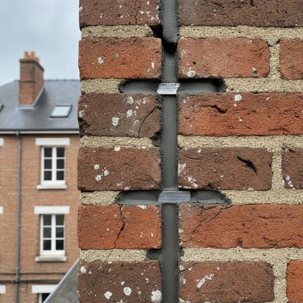Zoom sur l'agrafage métallique d'une fissure dans un mur en briques avec scellement en mortier de résine.