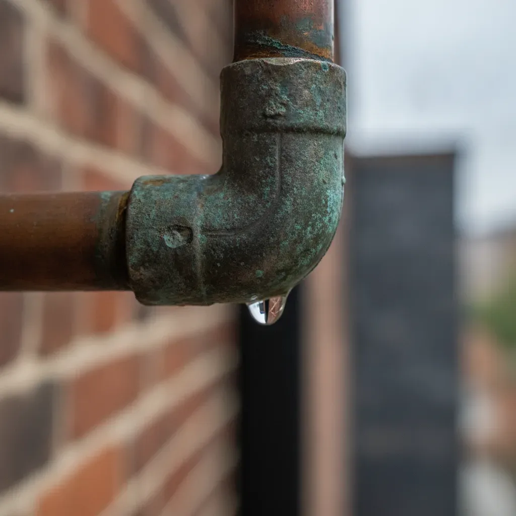 Gros plan sur un raccord en cuivre oxydé présentant des traces de vert-de-gris et une micro-fuite d'eau.
