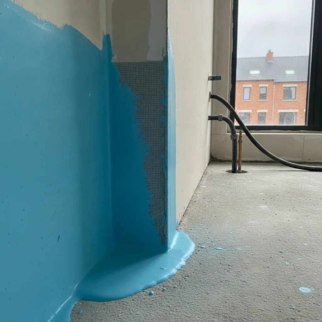 Application d'une membrane d'étanchéité liquide bleue et d'une bande d'angle dans une douche en cours de rénovation.