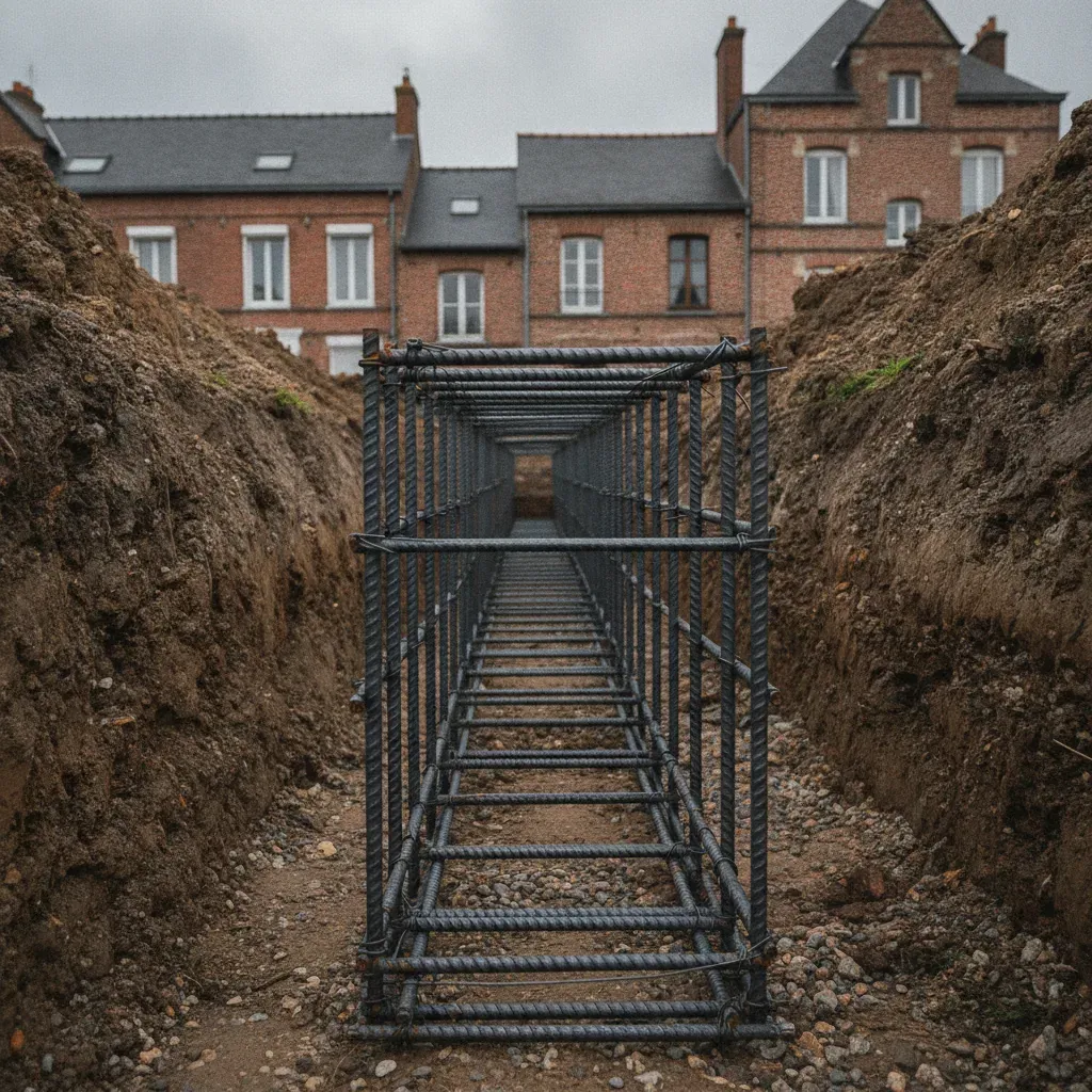 Ferraillage de fondation en acier dans une tranchée