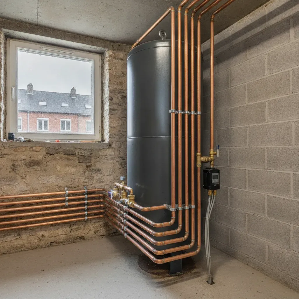 Radiateur traditionnel en fonte avec robinet thermostatique moderne en laiton.