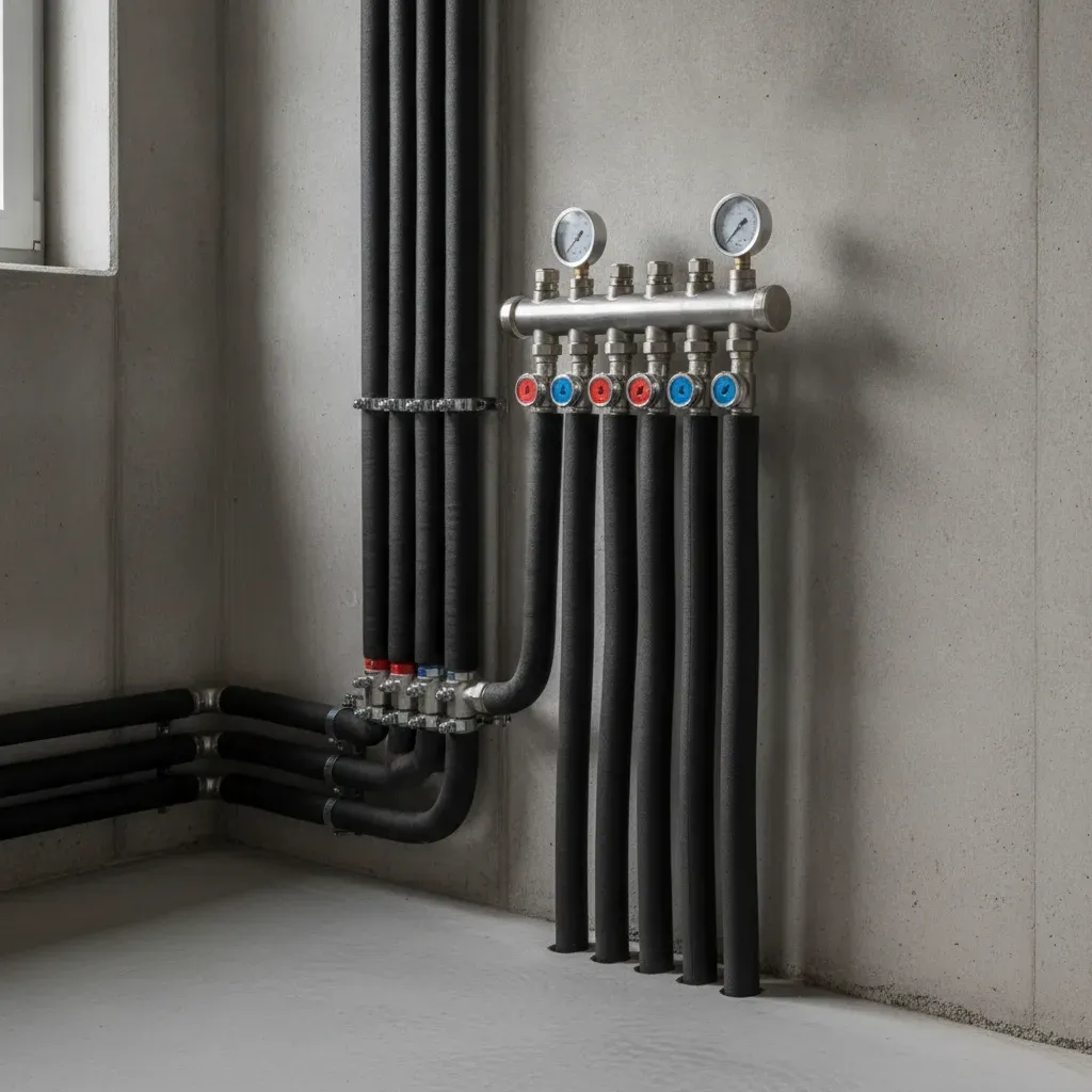 Unité intérieure d'une pompe à chaleur géothermique avec tuyaux isolés.