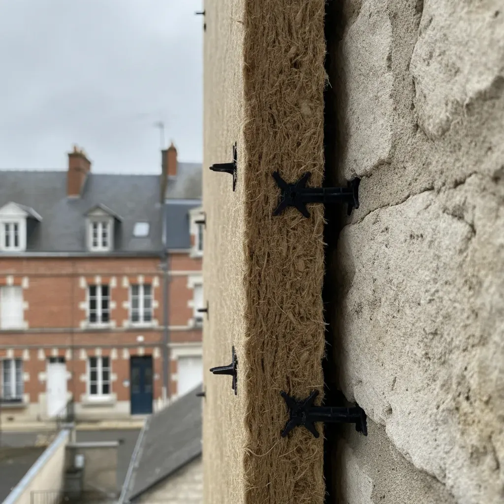 Gros plan sur un panneau d'isolation en fibre de bois posé sur un mur en pierre.