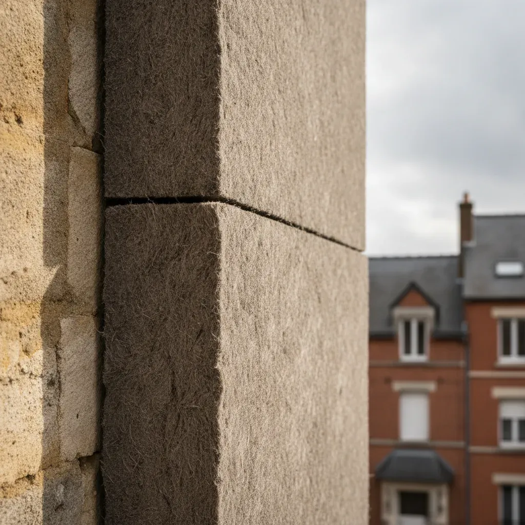 Panneaux rigides de laine de roche fixés sur une façade en grès.