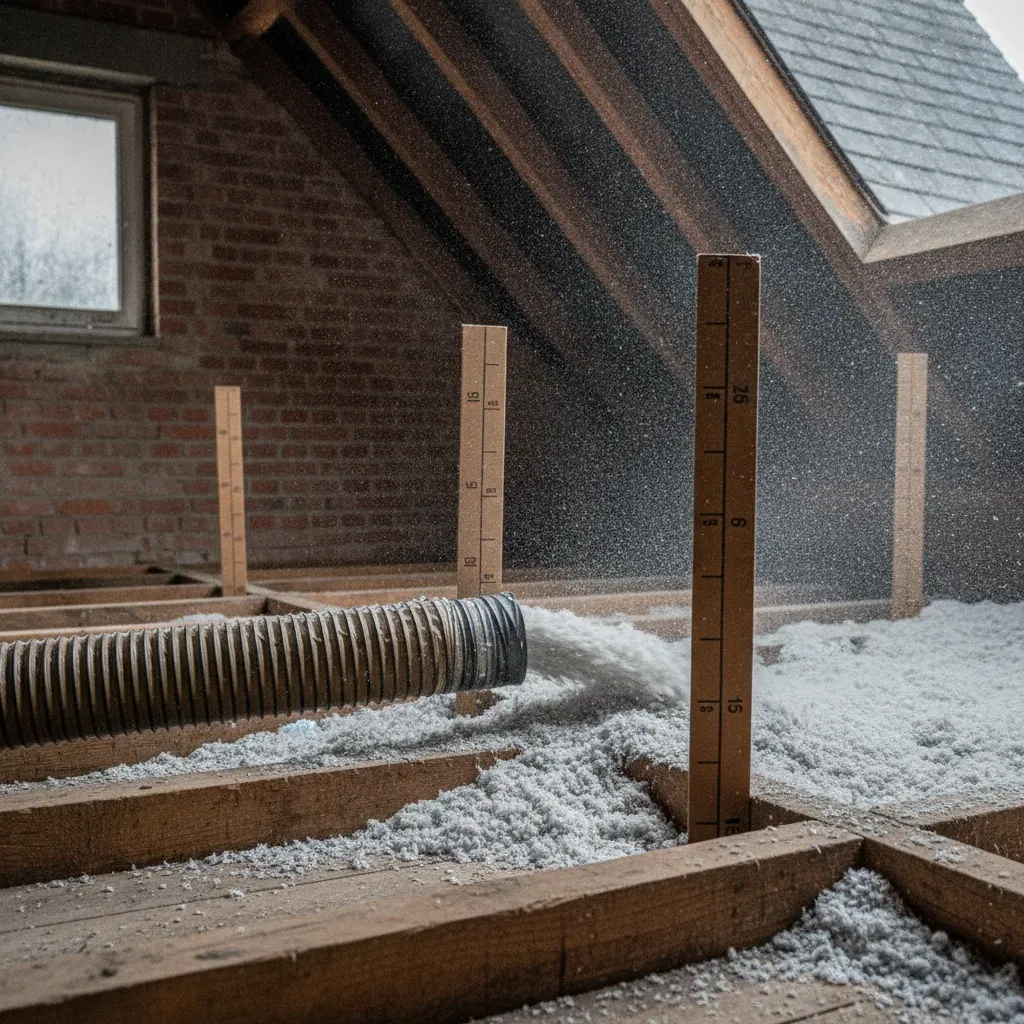 Tuyau de soufflage projetant des flocons d'isolant gris entre les solives en bois d'un comble.