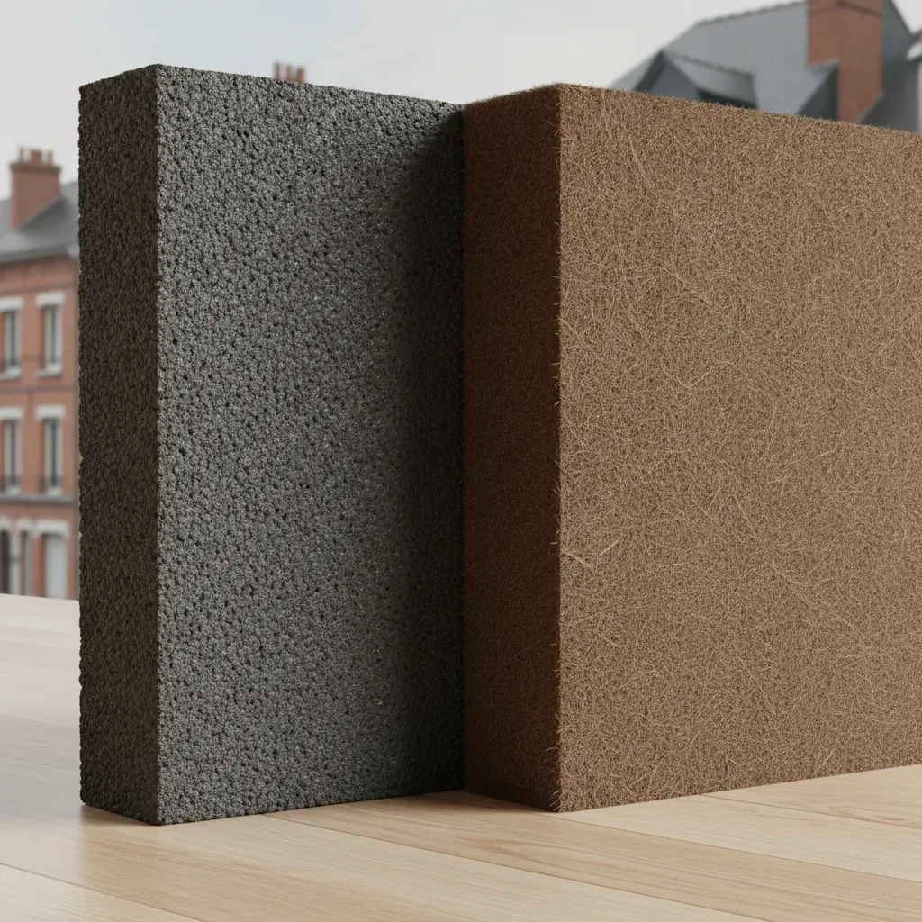 Comparaison côte à côte de polystyrène graphité gris et de fibre de bois biosourcée.