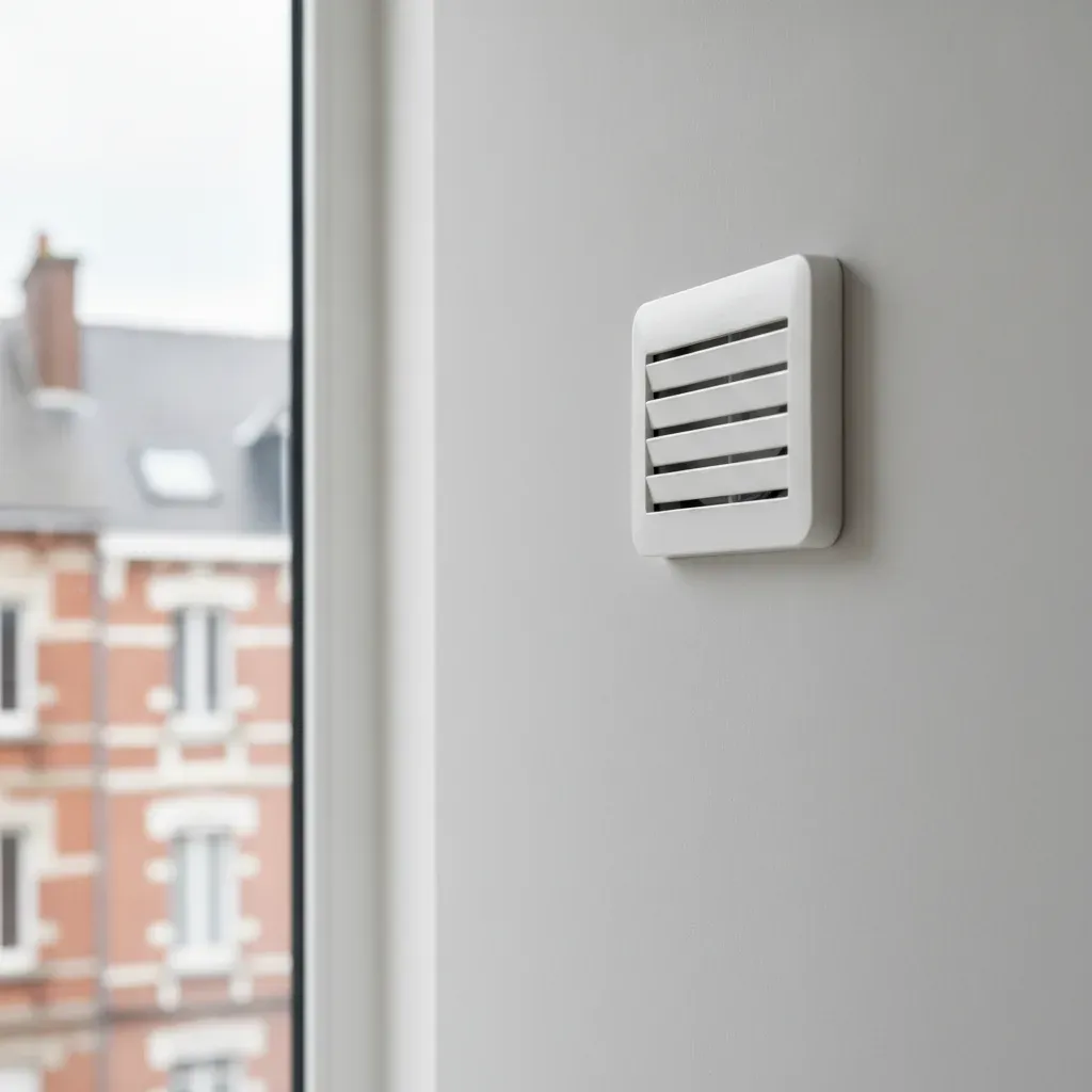 Bouche de ventilation mécanique contrôlée (VMC) hygroréglable installée sur un mur intérieur propre.