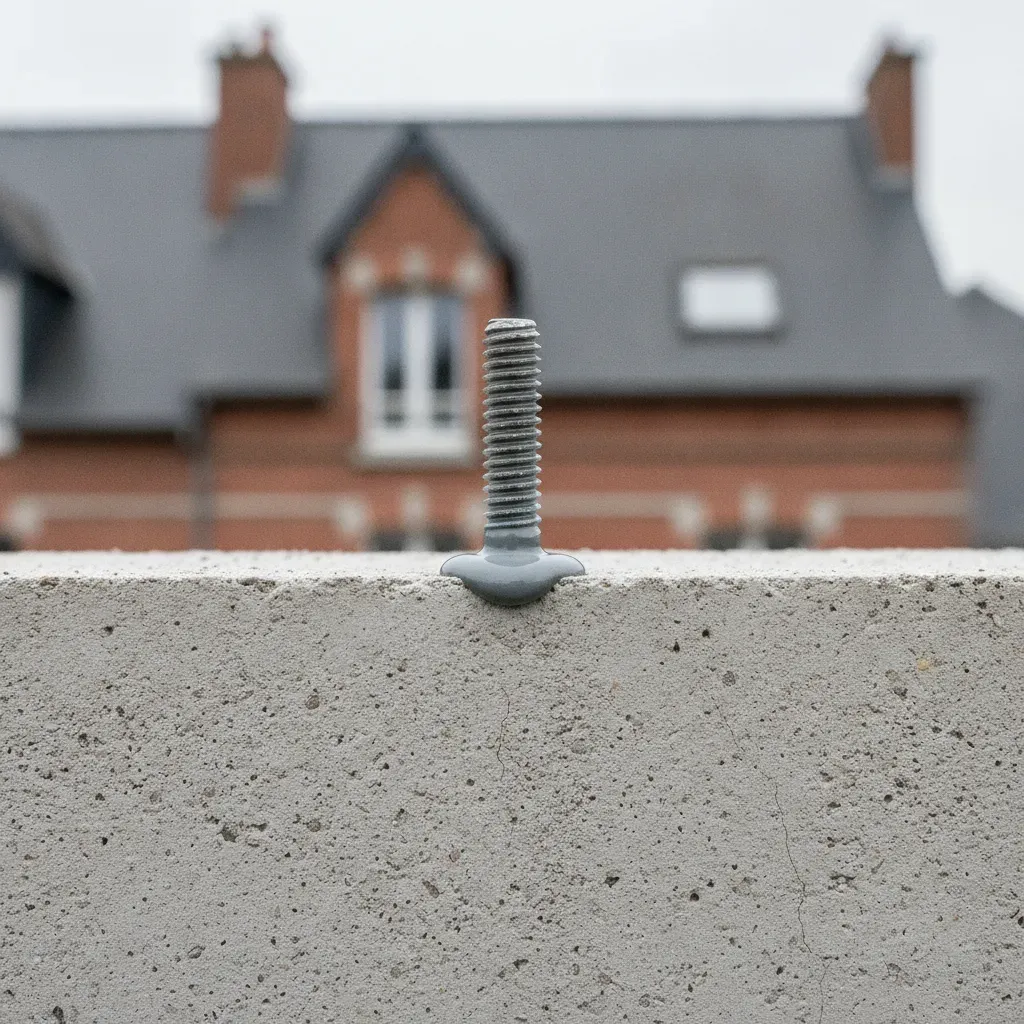 Gros plan sur un scellement chimique avec tige filetée et résine dans une dalle de béton mince.