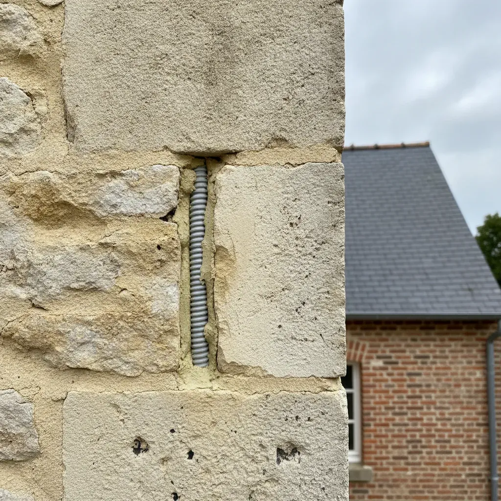 Gaine électrique ICTA encastrée dans les joints de mortier d'un mur en pierre de taille.
