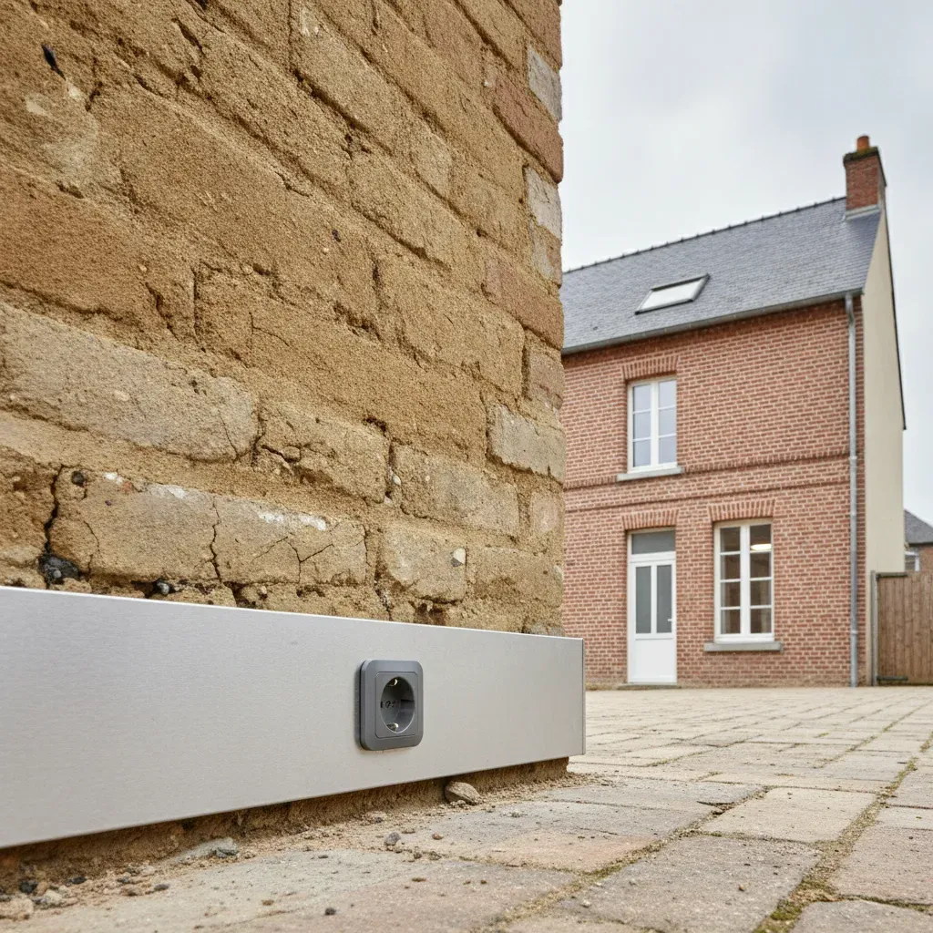 Plinthe technique en aluminium avec prise électrique intégrée au pied d'un mur en pisé.