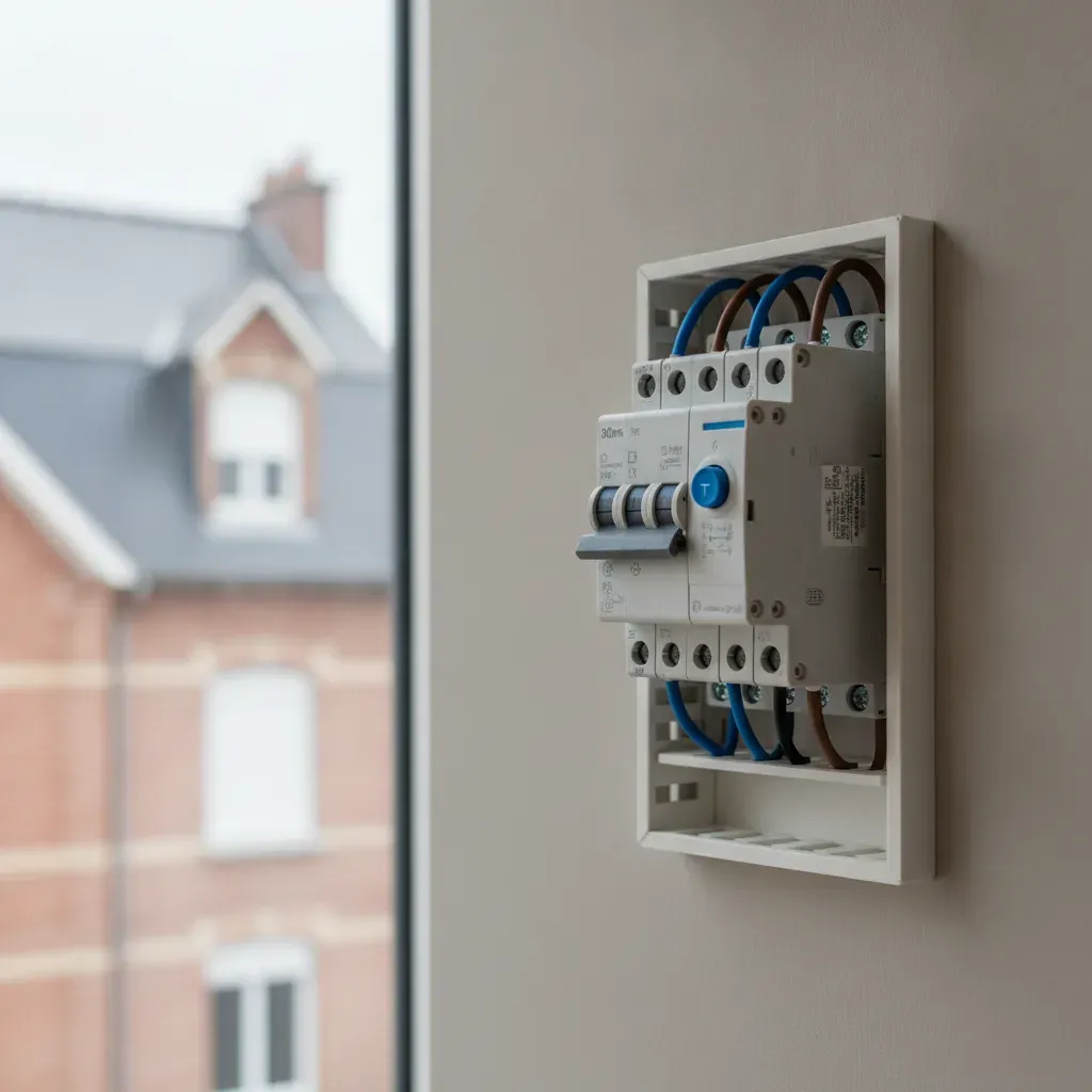 Close-up of a 30mA differential switch with test button in a modern electrical panel.