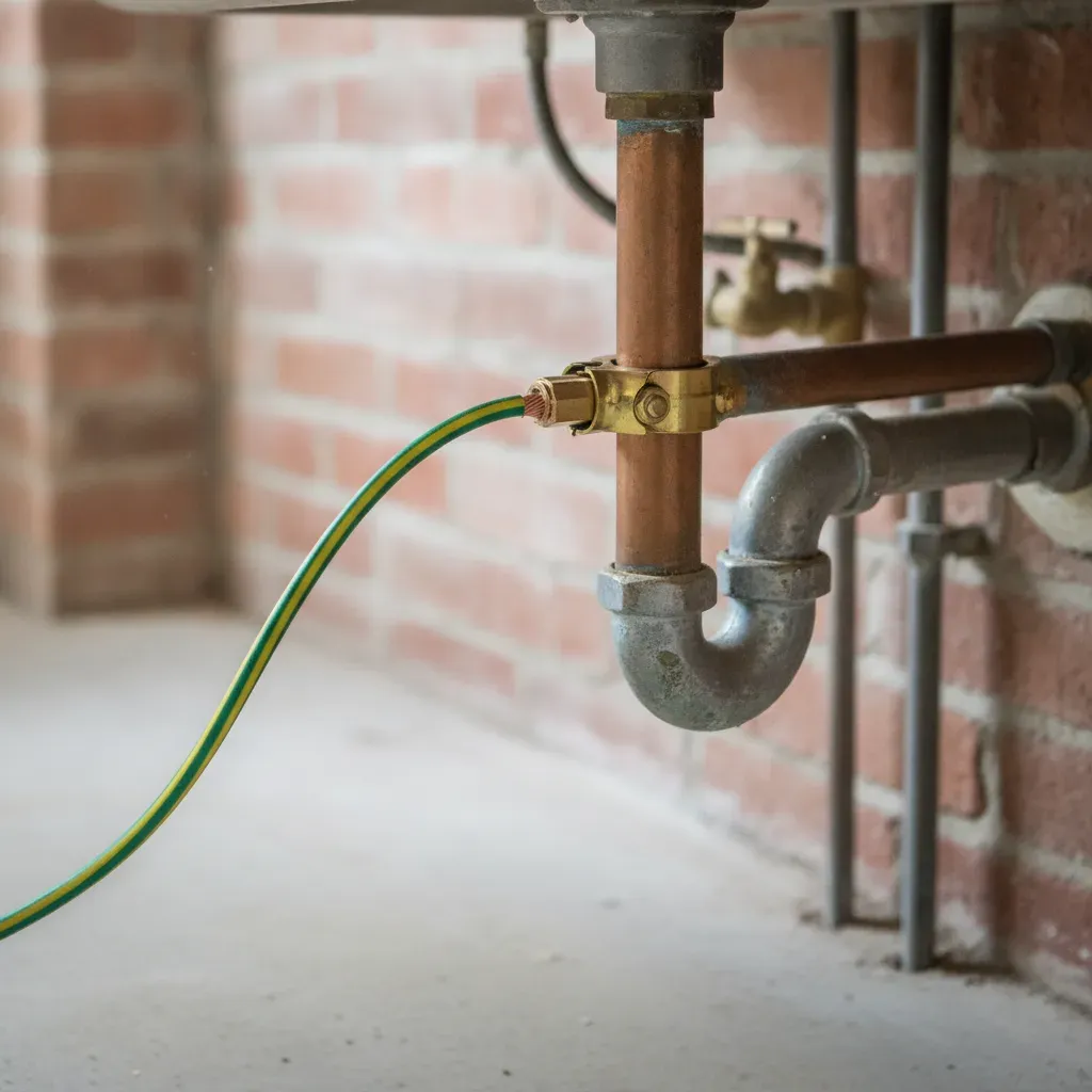 Grounding clamp with a green and yellow wire attached to a copper water pipe.