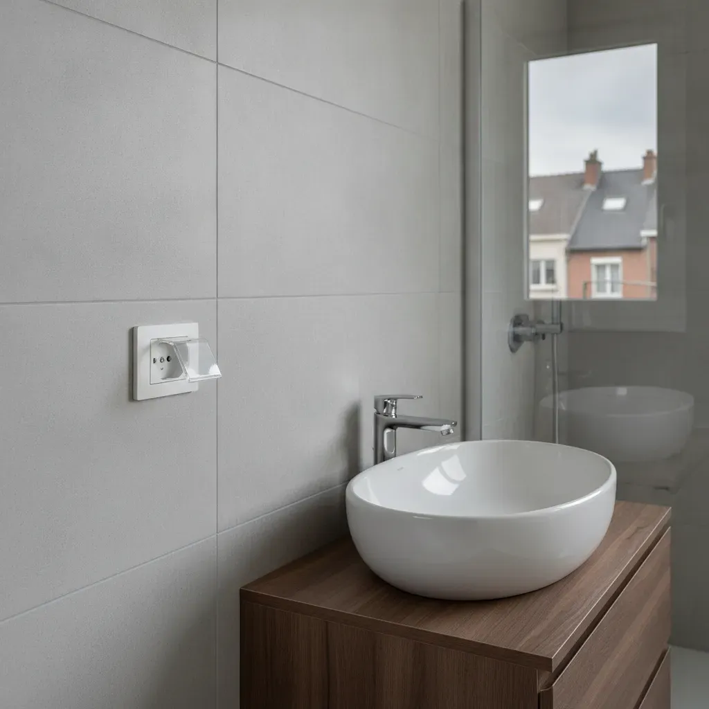 Water-resistant electrical outlet with protective cover installed safely away from a bathroom sink.