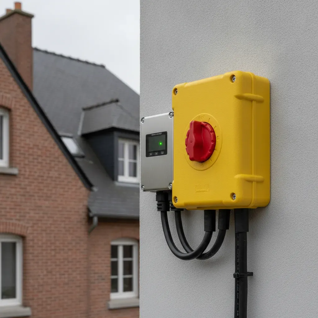 Boîtier d'interrupteur-sectionneur d'urgence jaune et rouge pour courant continu photovoltaïque.