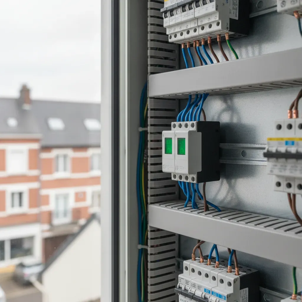 Parafoudre de type 2 modulaire installé sur un rail DIN dans un tableau électrique.
