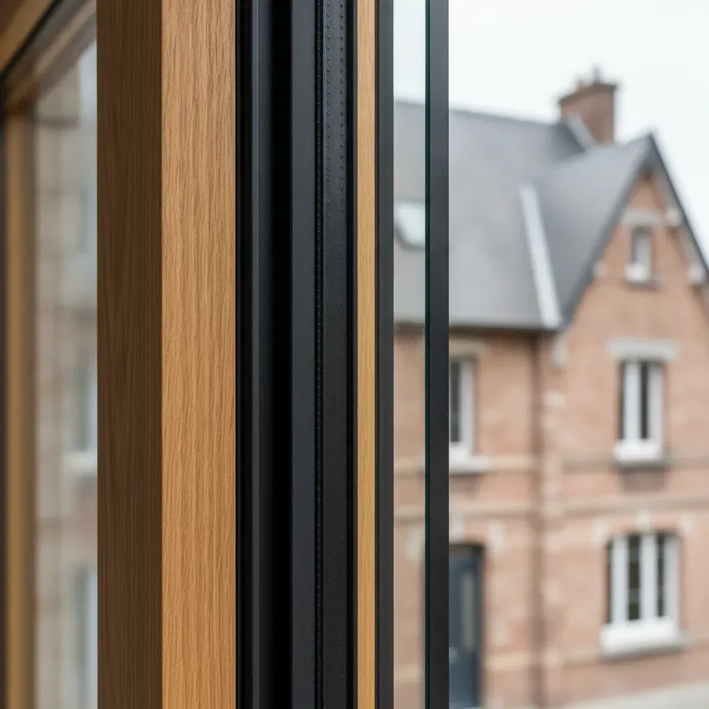 Close-up of a high-performance triple-glazed window frame showing the thermal seals.