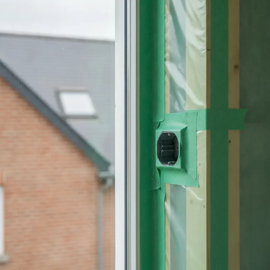 Detail of a perfectly sealed vapor barrier membrane on a timber wall.