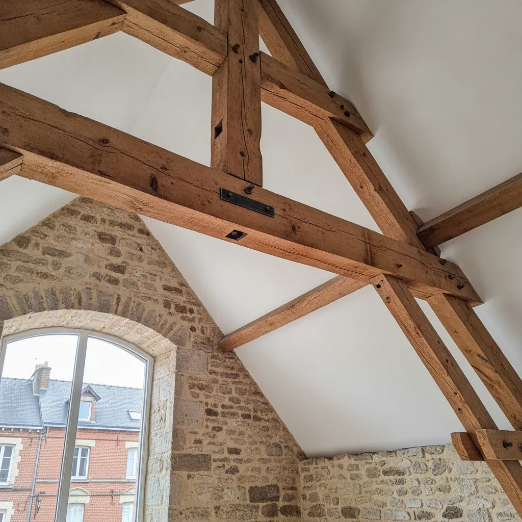 Restored wooden roof truss in a renovated old stone building.