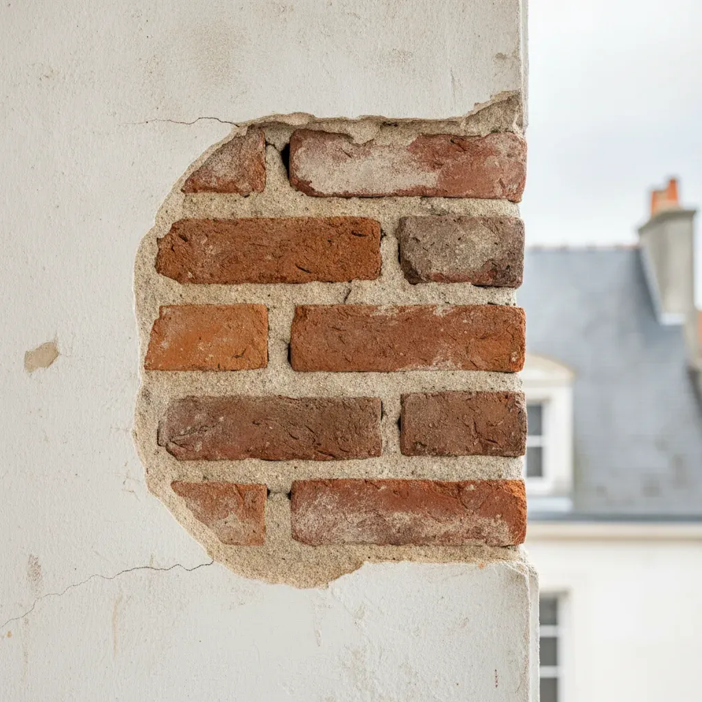 Détail de la maçonnerie robuste en briques pleines d'un mur porteur ancien.