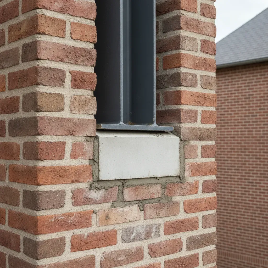 Détail d'une poutre en acier HEB scellée sur un sommier de répartition en béton armé.
