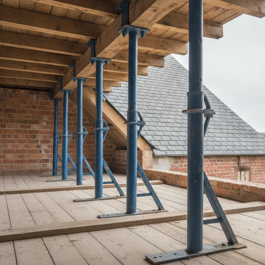 Système d'étaiement professionnel avec étais métalliques et bastaings en bois sous un plafond.