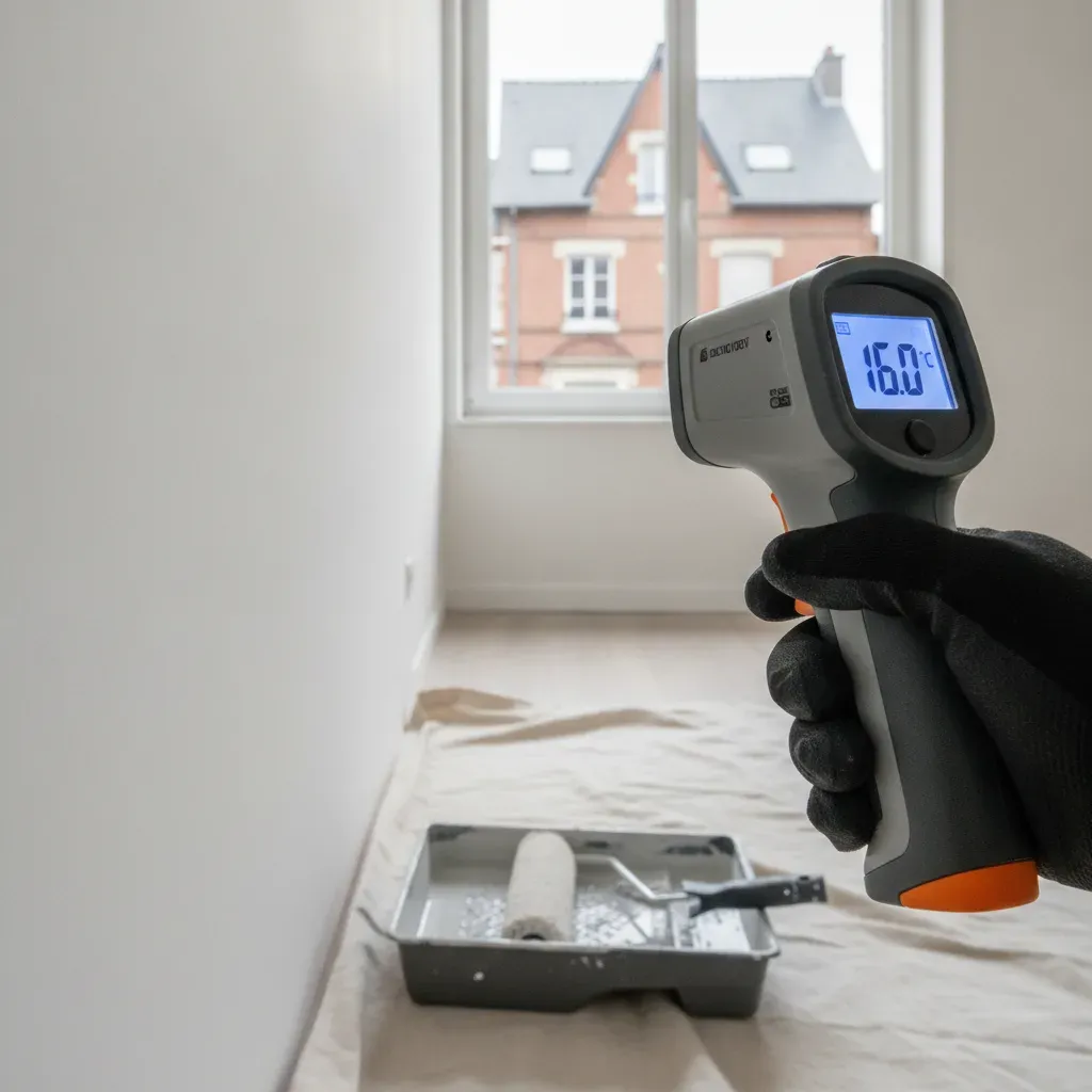 Thermomètre infrarouge mesurant la température d'un mur intérieur avant peinture