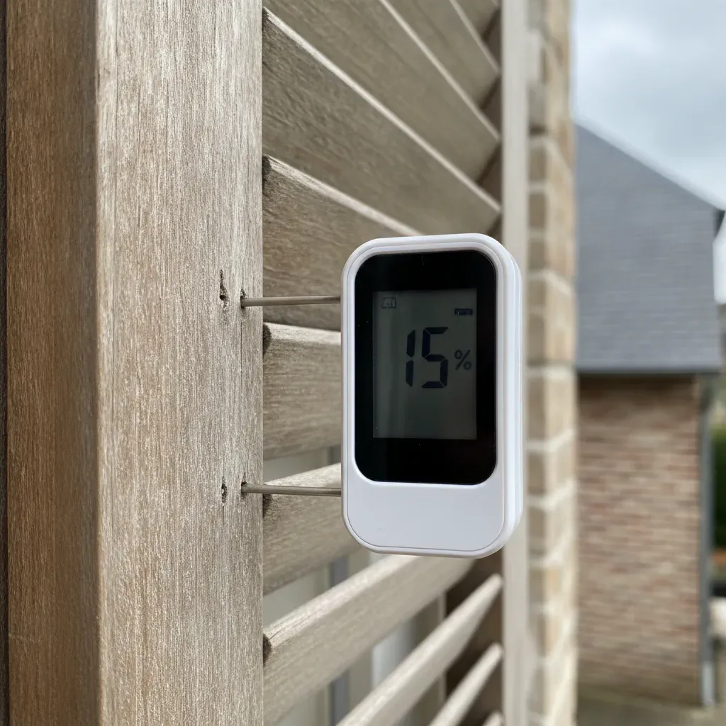 Humidimètre digital affichant un taux de 15% sur le bois d'un volet extérieur.