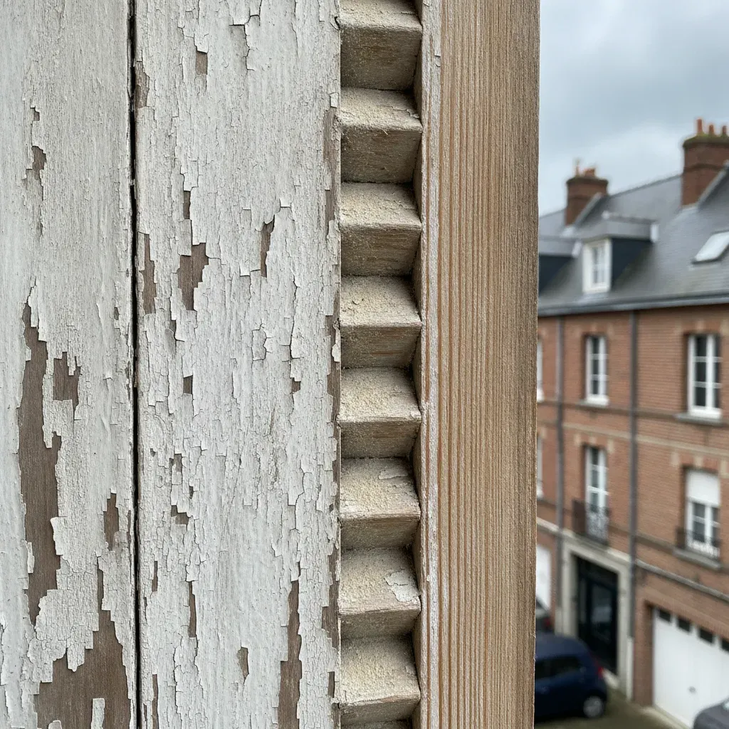 Gros plan d'un volet en bois en cours de ponçage, montrant le contraste entre l'ancienne peinture écaillée et le bois mis à nu.