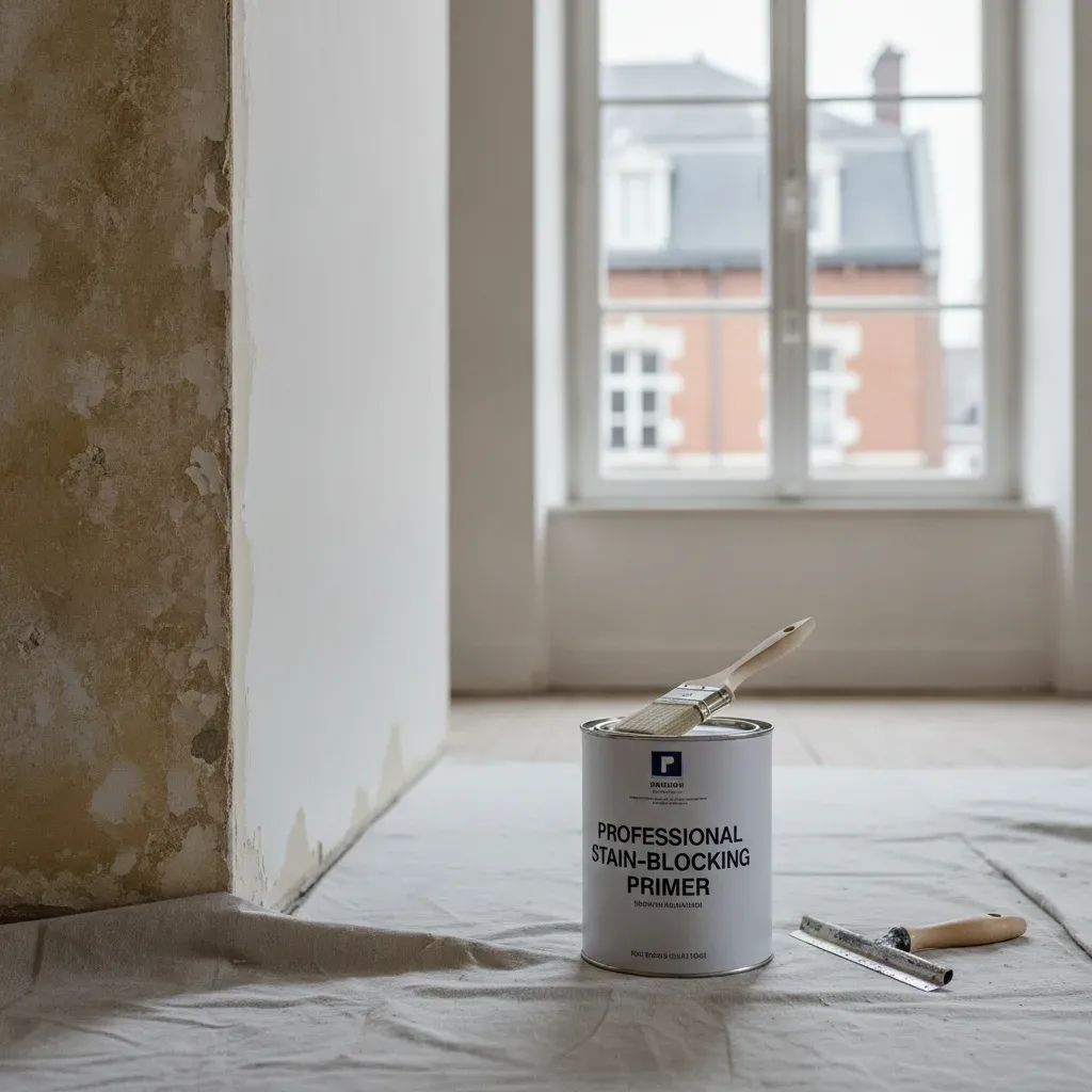 Outils de préparation de peinture et pot de sous-couche sur un chantier de rénovation.