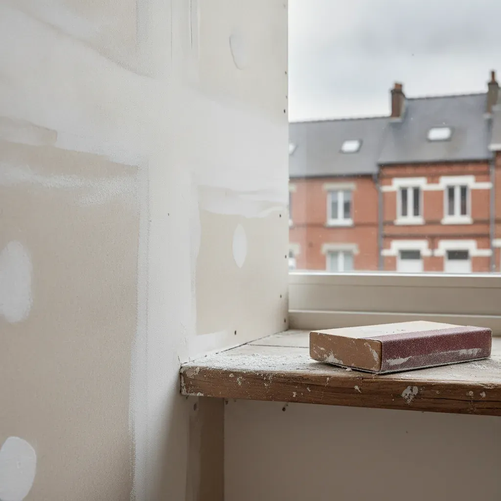 Close-up of a prepped wall with white plaster patches and a sanding block.