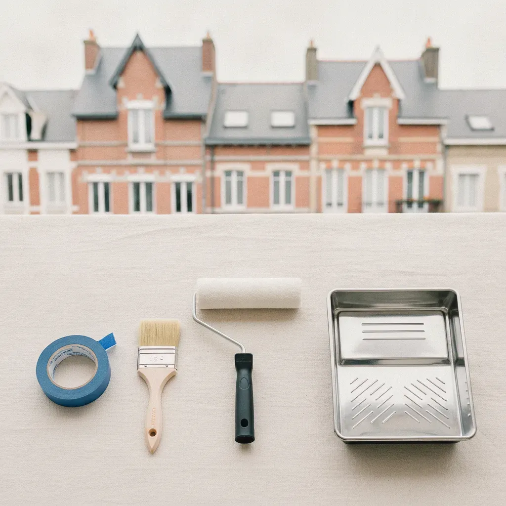 A neat arrangement of painting tools including a roller, brush, and masking tape on a drop cloth.