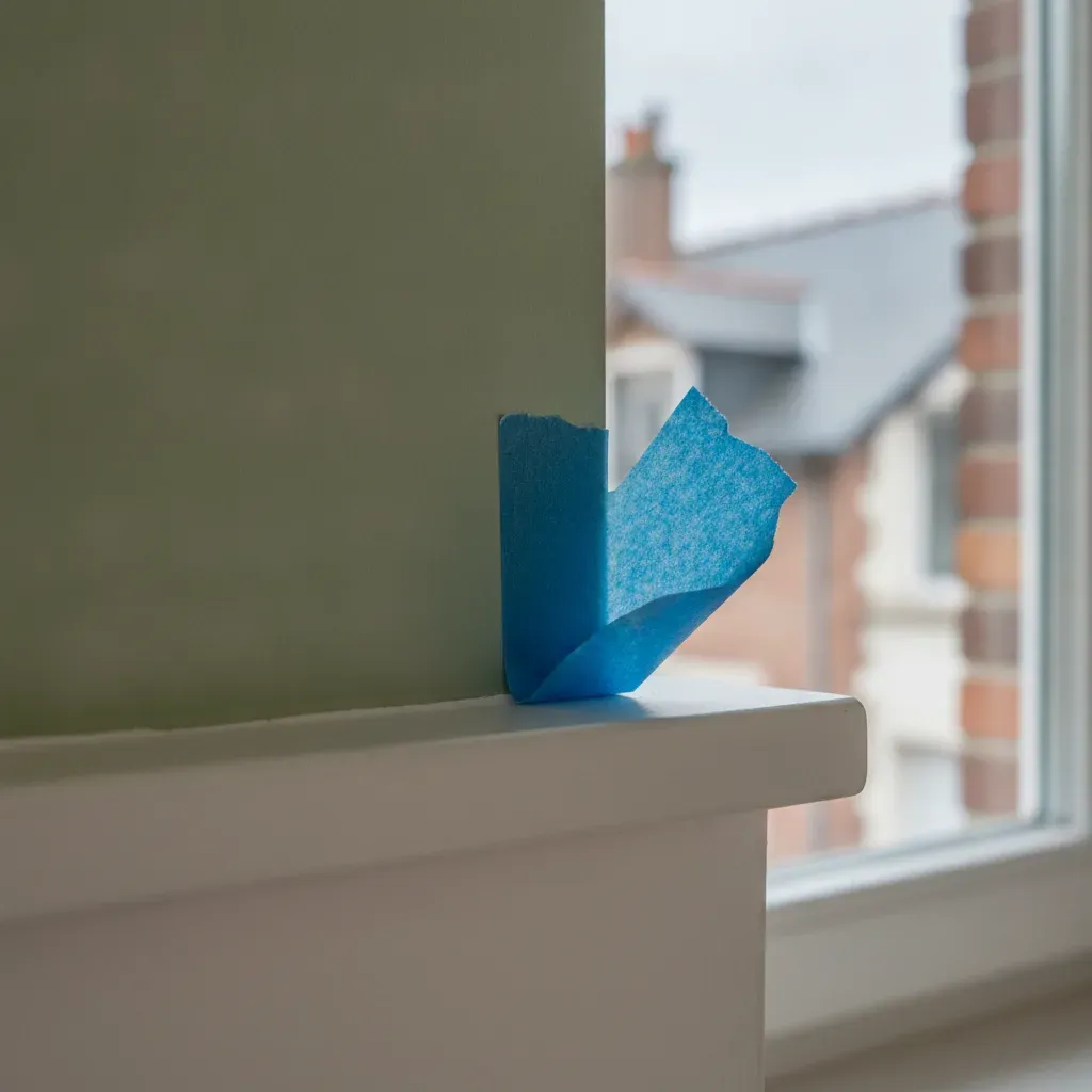 Close-up of blue masking tape being peeled back to reveal a sharp paint line.