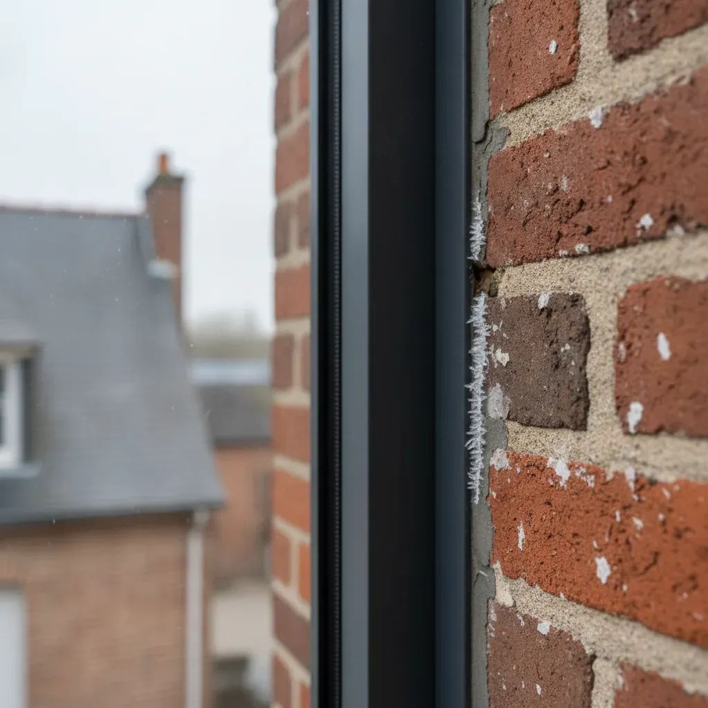 Zoom sur la jonction entre un dormant de fenêtre et un mur en brique avec des traces de givre.