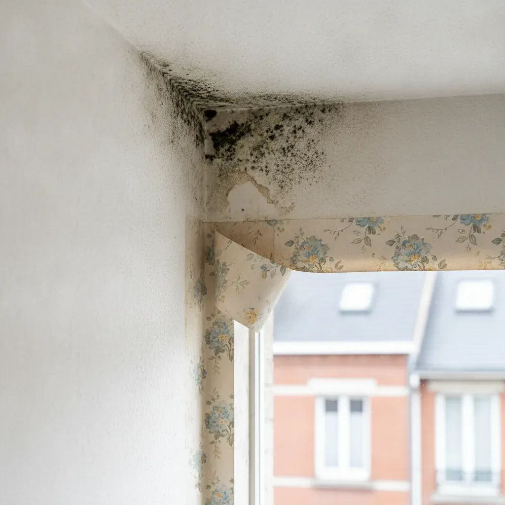 Traces de moisissure et papier peint décollé dans l'angle supérieur d'une pièce humide.