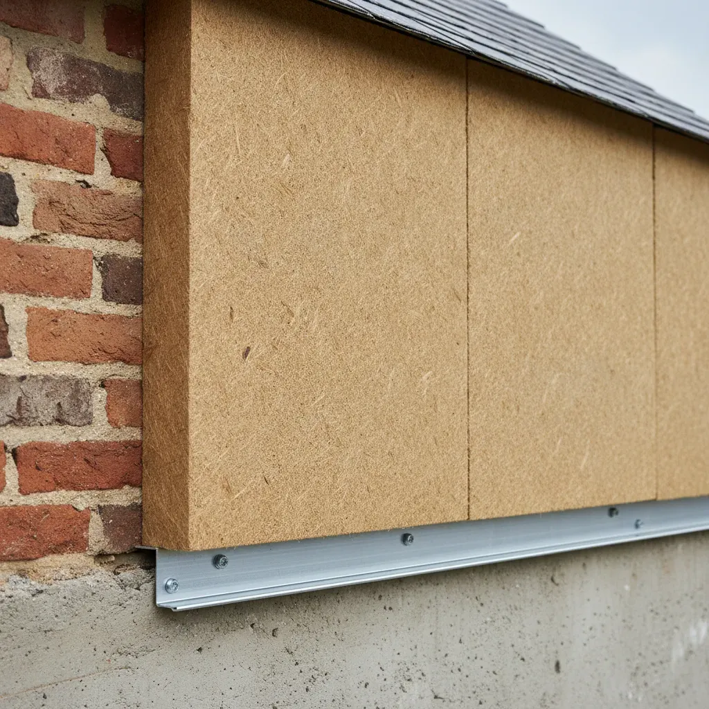 Pose de panneaux isolants en fibre de bois sur un profilé de départ métallique en bas de mur.